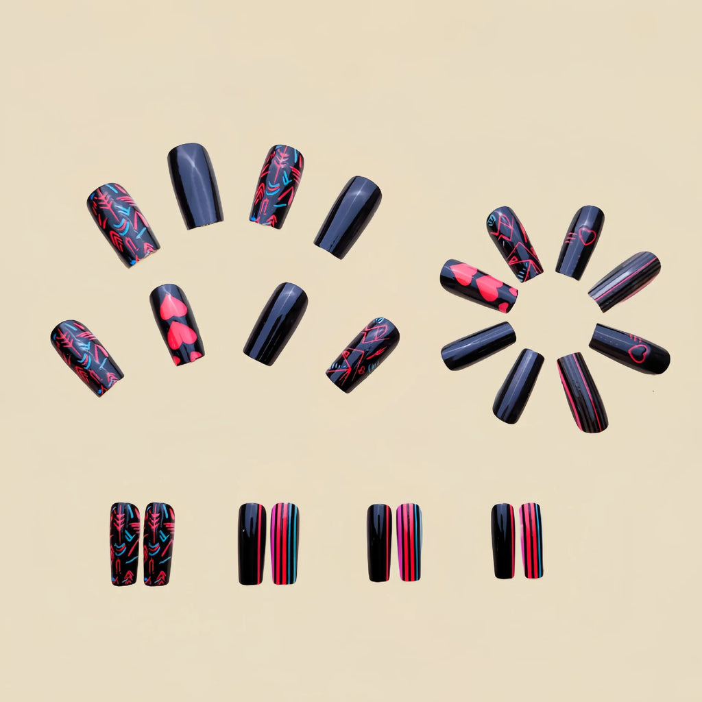 Medium fake nail for women girls Y2K Pink green yellow black Square tips with cute heart for Valentine's Day press on false nail