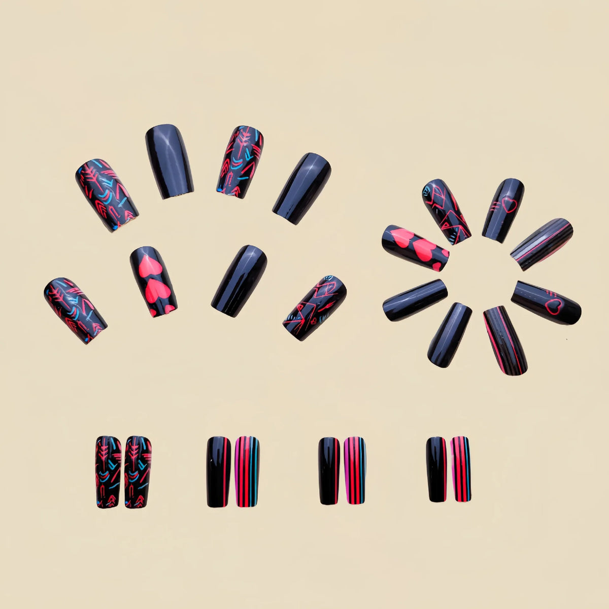 Medium fake nail for women girls Y2K Pink green yellow black Square tips with cute heart for Valentine's Day press on false nail