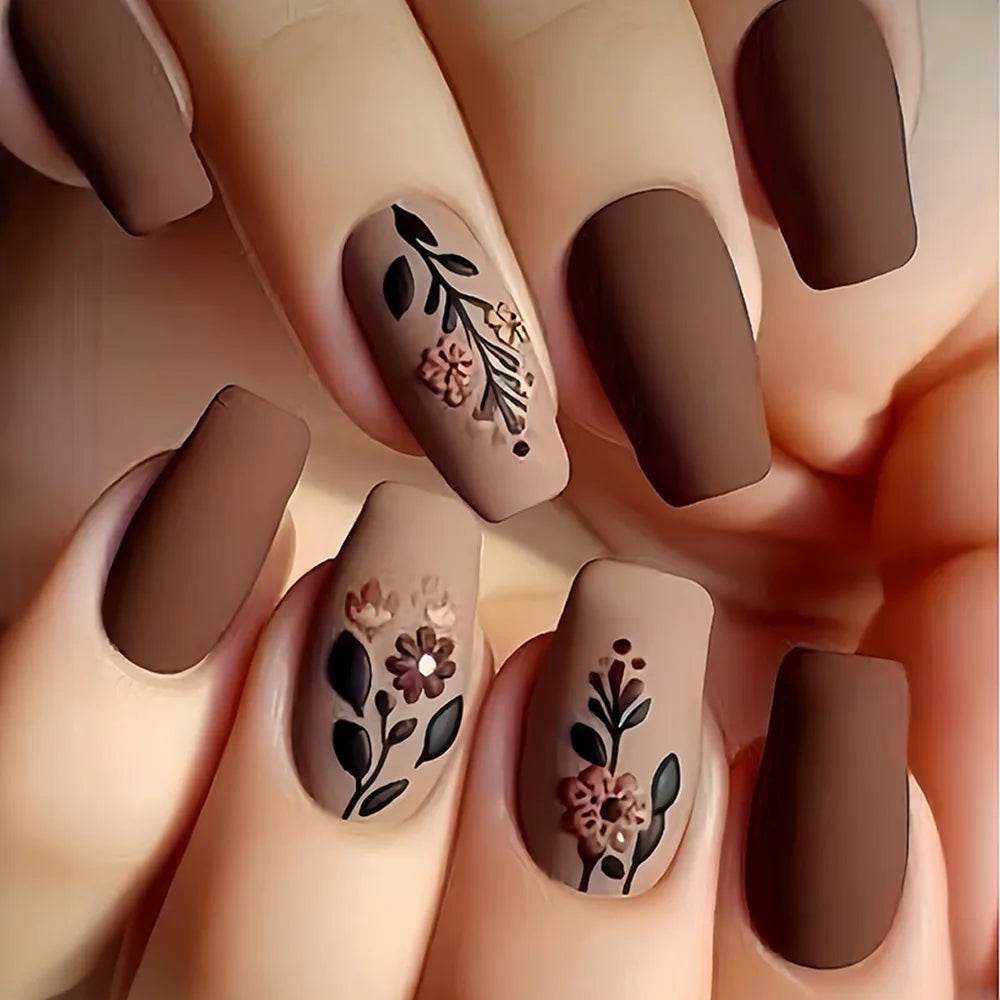 Short Medium Fake Nails Purple Blue Red Brown Black Flowers Butterfly Fall Winter Square Ballet Nail Tips Press On False Nail