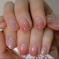 Short square fake nails for women girls gradient pink red white colors with sparkling gliters full cover press on fasle nail art