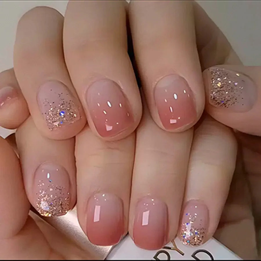 Pink Red White Gradient Glitter Press-On Nails – Short Square