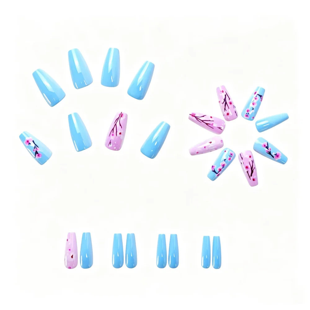 Medium long fake nails for women Blue Pink colors with flowers print glossy ballet nail tips full cover press on false nail set