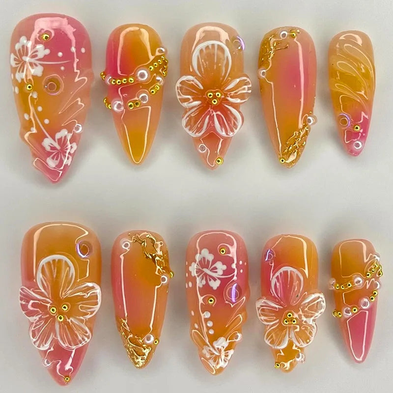 Gold Pink 3D Flower & Pearl Press-On Nails – Almond, 24 Pcs