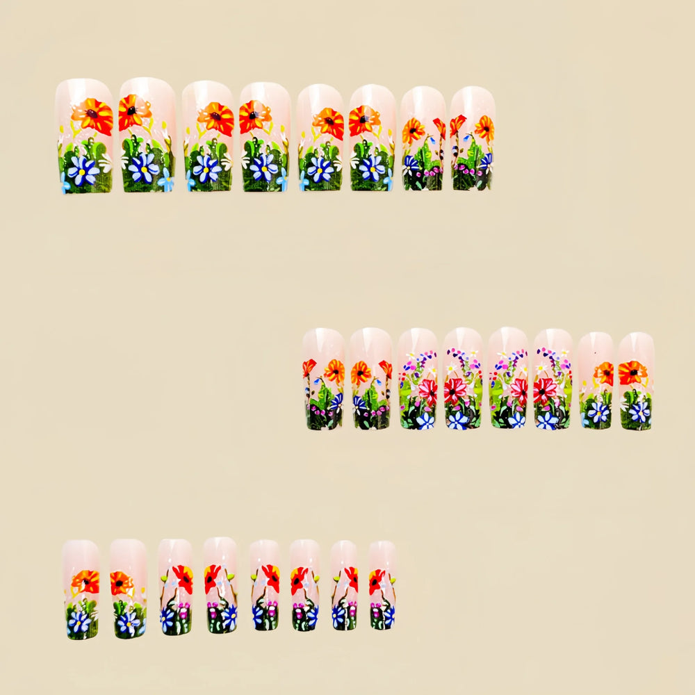 Spring Flower Square Ballet Press-On Nails – Green Blue Orange, Medium Long