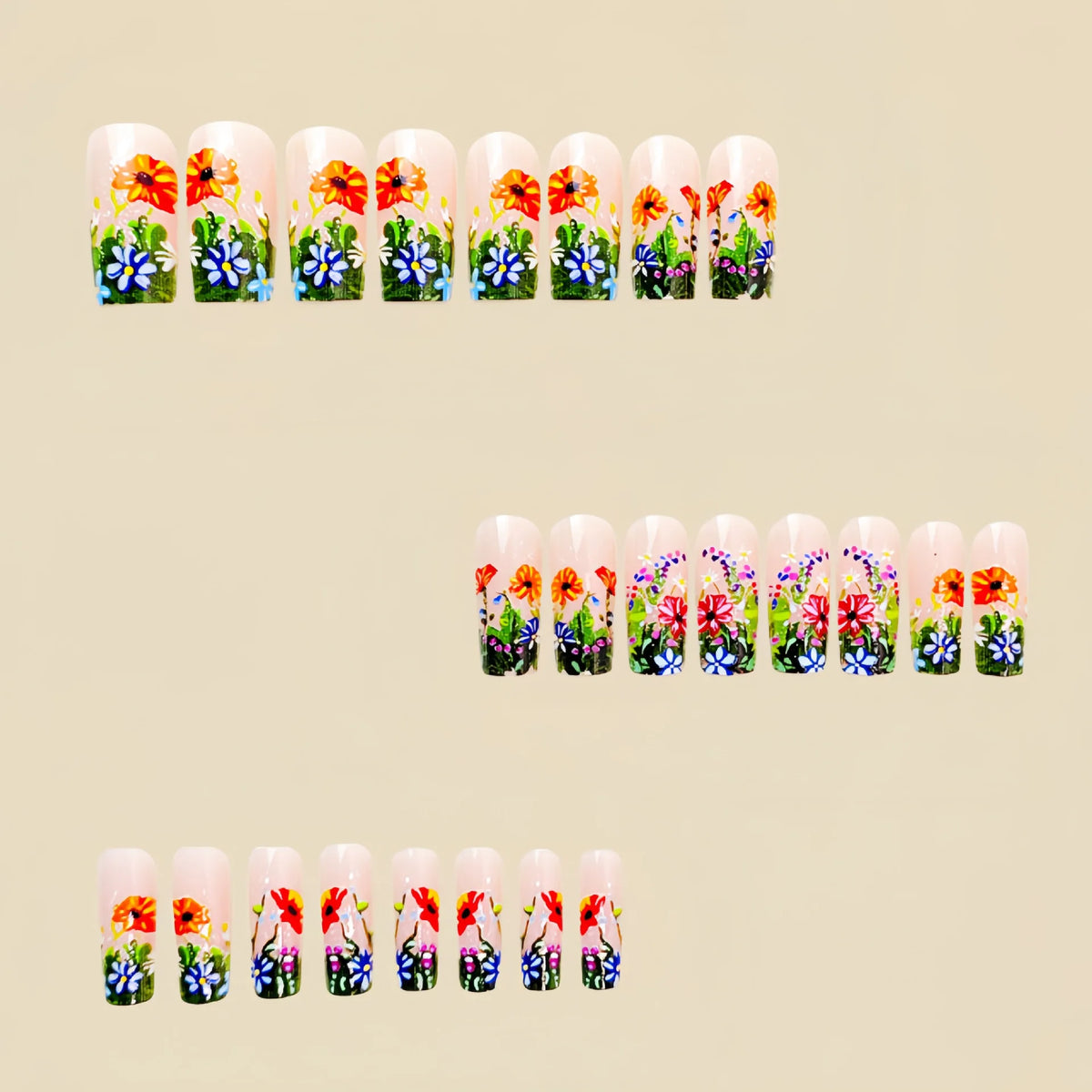 Medium long fake nails for women girls Spring summer flowers flora green blue orange Square ballet tips press on false nail art