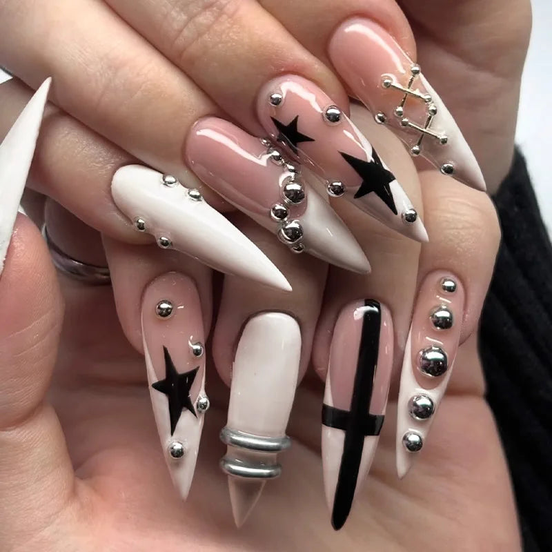Y2K Star Chain Polka Dot Press-On Nails – Long Stiletto, 24 Pcs