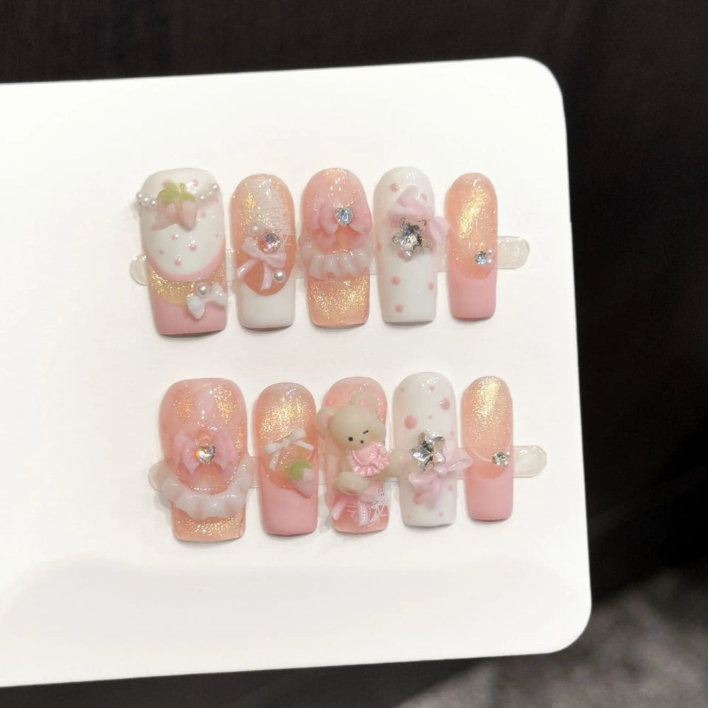 Light Pink French 3D Rabbit Handmade Press-On Nails – Long Coffin, 10 Pcs
