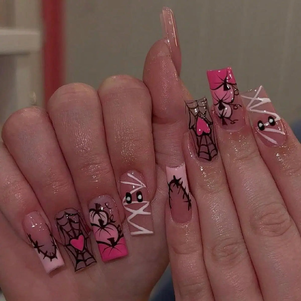 Pink Ombre Ghost & Pumpkin French Press-On Nails – Medium Coffin, 24 Pcs
