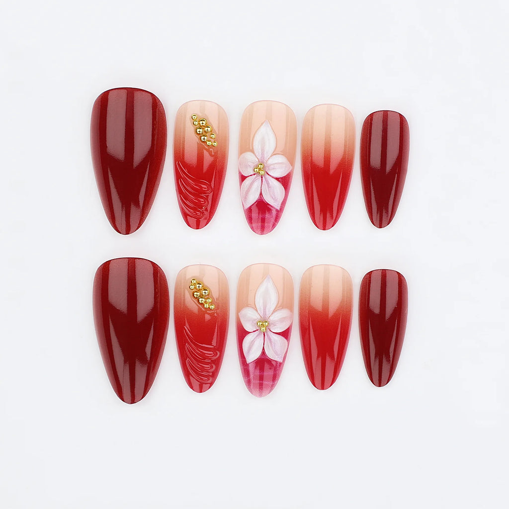 3D fake nails for women girls New Year red colors embossed flowers golden beads design french almond tips press on false nail