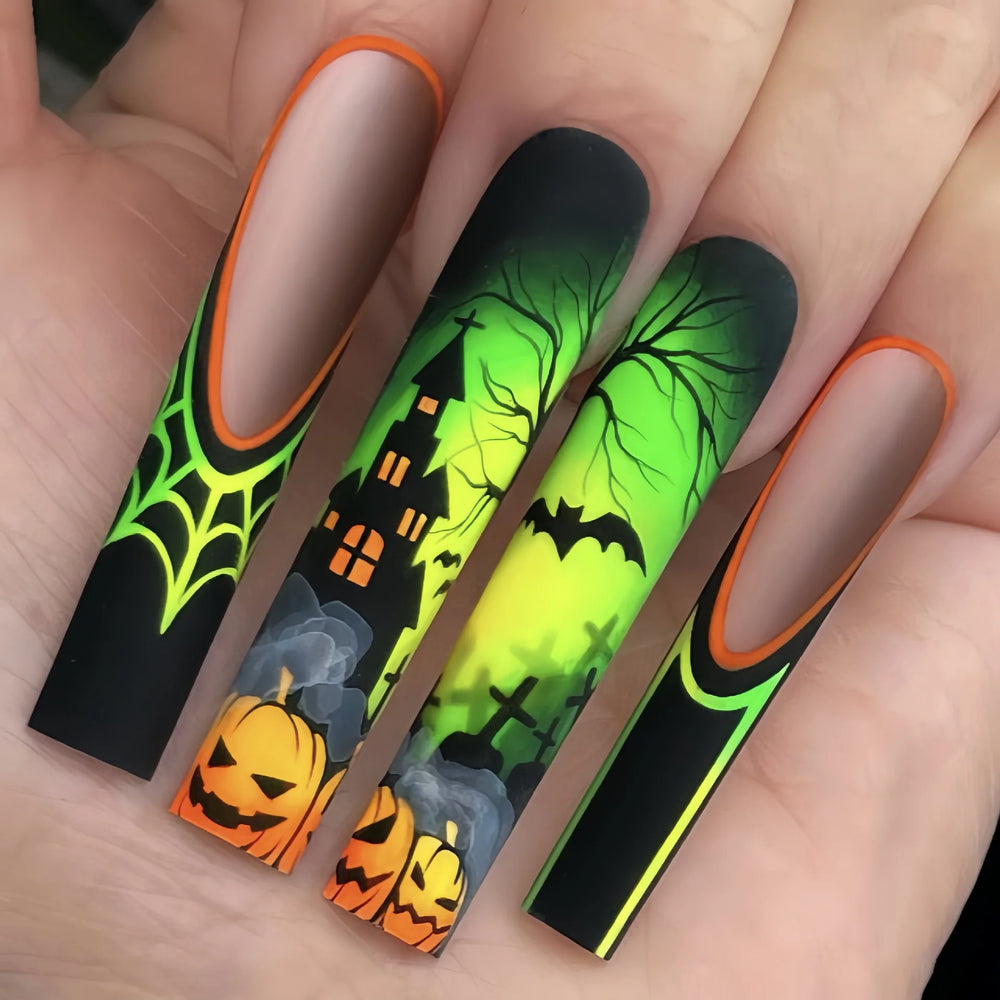 Neon Graffiti Halloween French Press-On Nails – Long Coffin, 24 Pcs