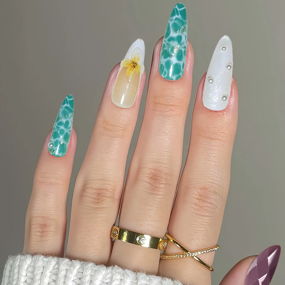 Water Ripple Starfish Handmade Press-On Nails – Almond, 10 Pcs