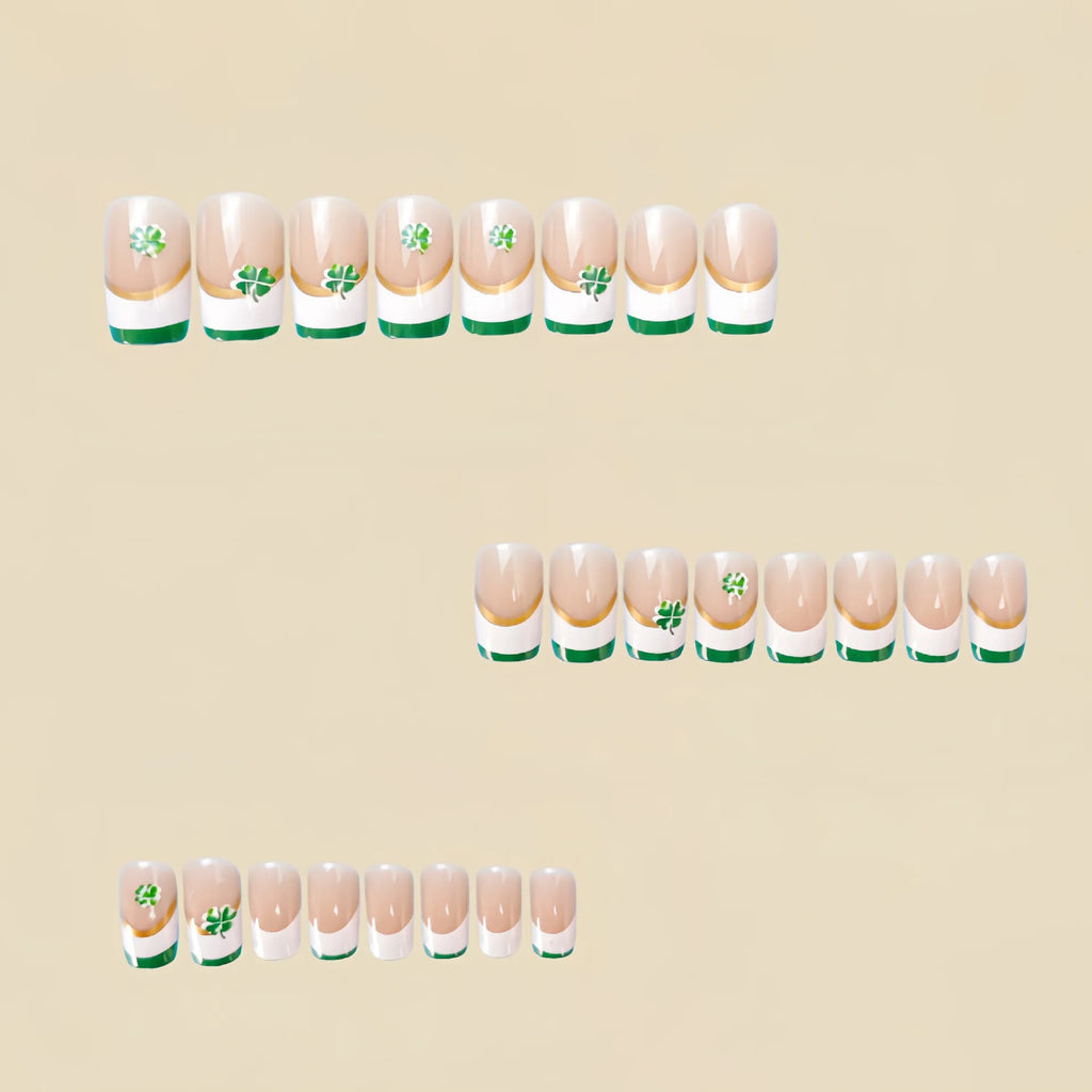 Medium fake nails nude square shape with white green edge Four-leaf clover for St. Patrick's Day press on false nail art set