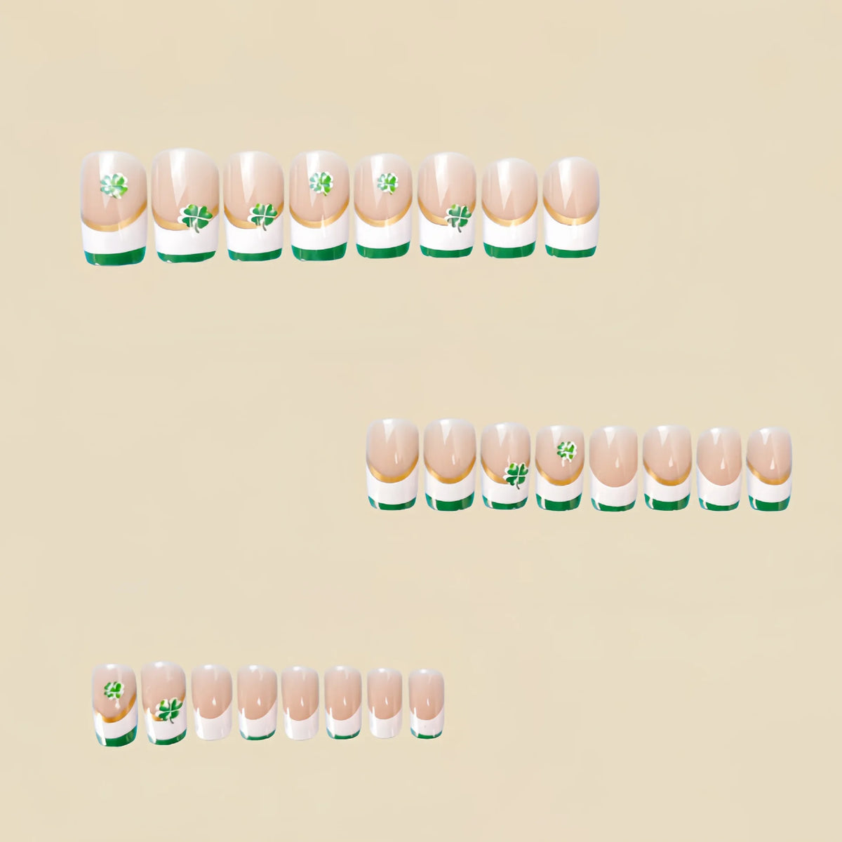 Medium fake nails nude square shape with white green edge Four-leaf clover for St. Patrick's Day press on false nail art set