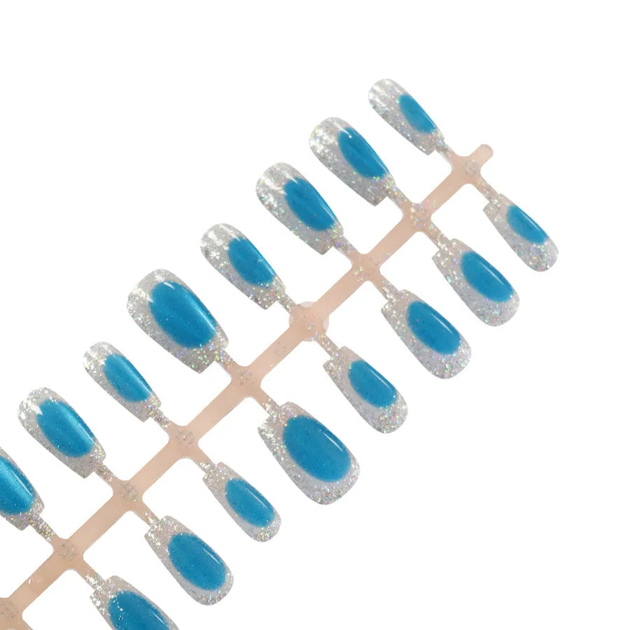 Dual-Tone Cat Eye Glitter French Press-On Nails – Gem Blue Brown Silver, 30 Pcs