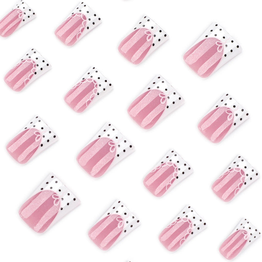 White French Black Polka Dot Lace Press-On Nails – Duckbill, 24 Pcs