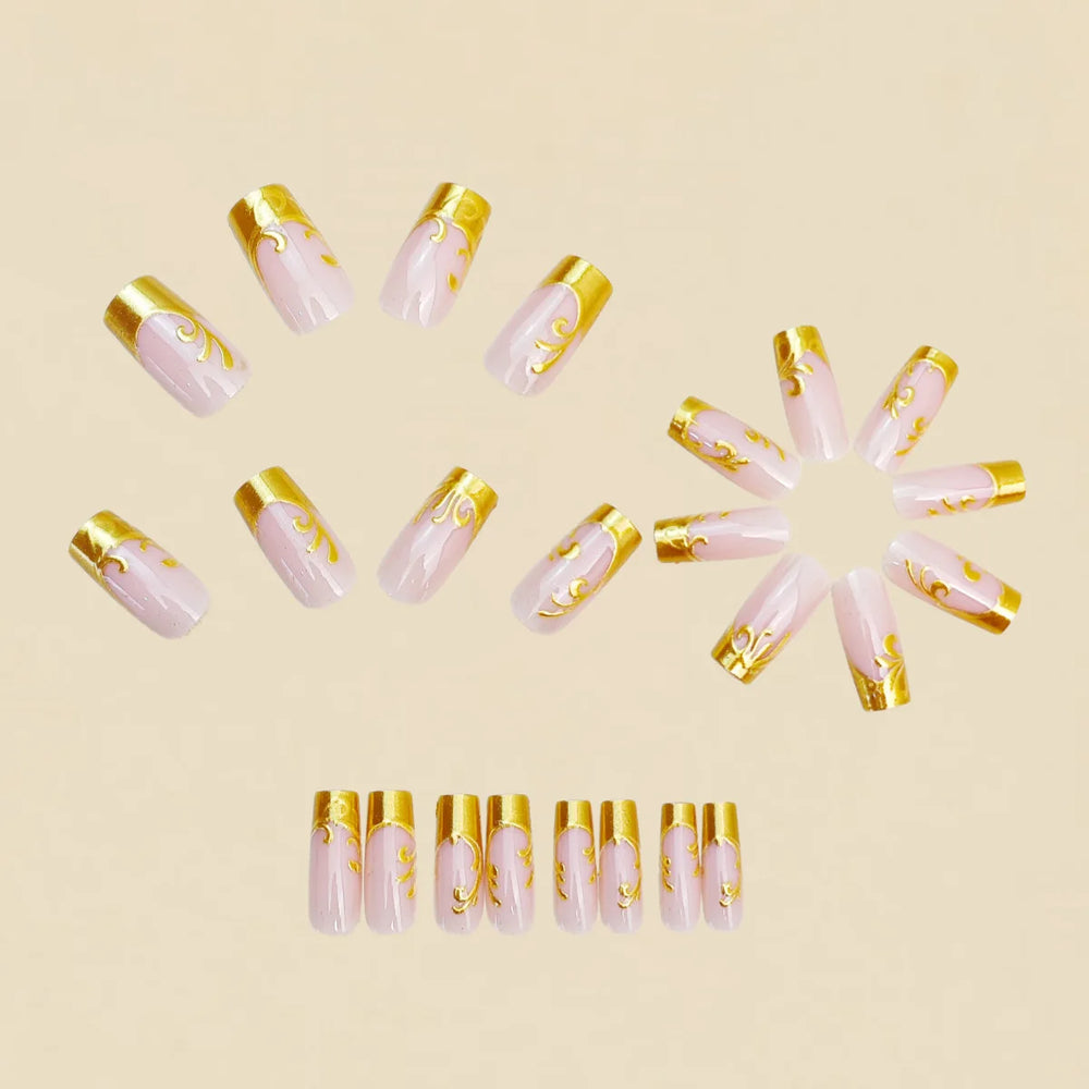 Nude Gold 3D Gilded Floral Press-On Nails – Medium Square
