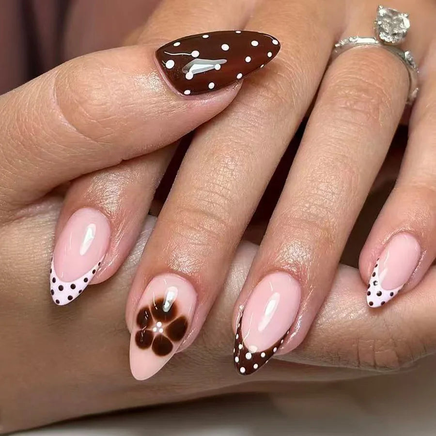 Sweet Pink Flower Gold Stripe Press-On Nails – Short Almond, 24 Pcs