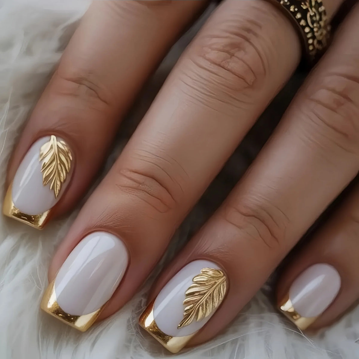 Medium fake nails for women girls french style golden silver frame almond Square shaped artificial nail tips press on false nail
