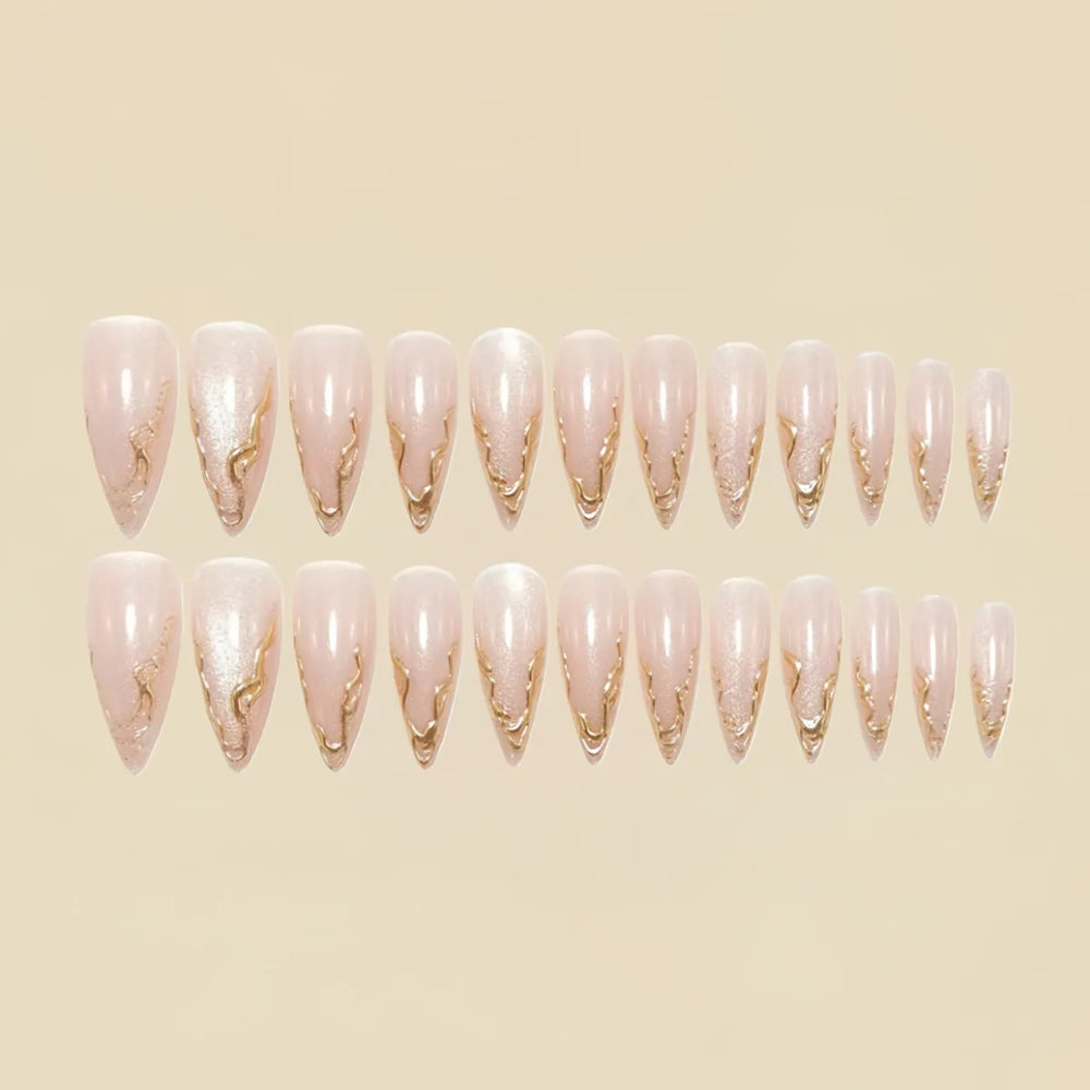 Gold & Silver Gilded Frame Nude French Almond Press-On Nails – Medium Long, 24 Pcs