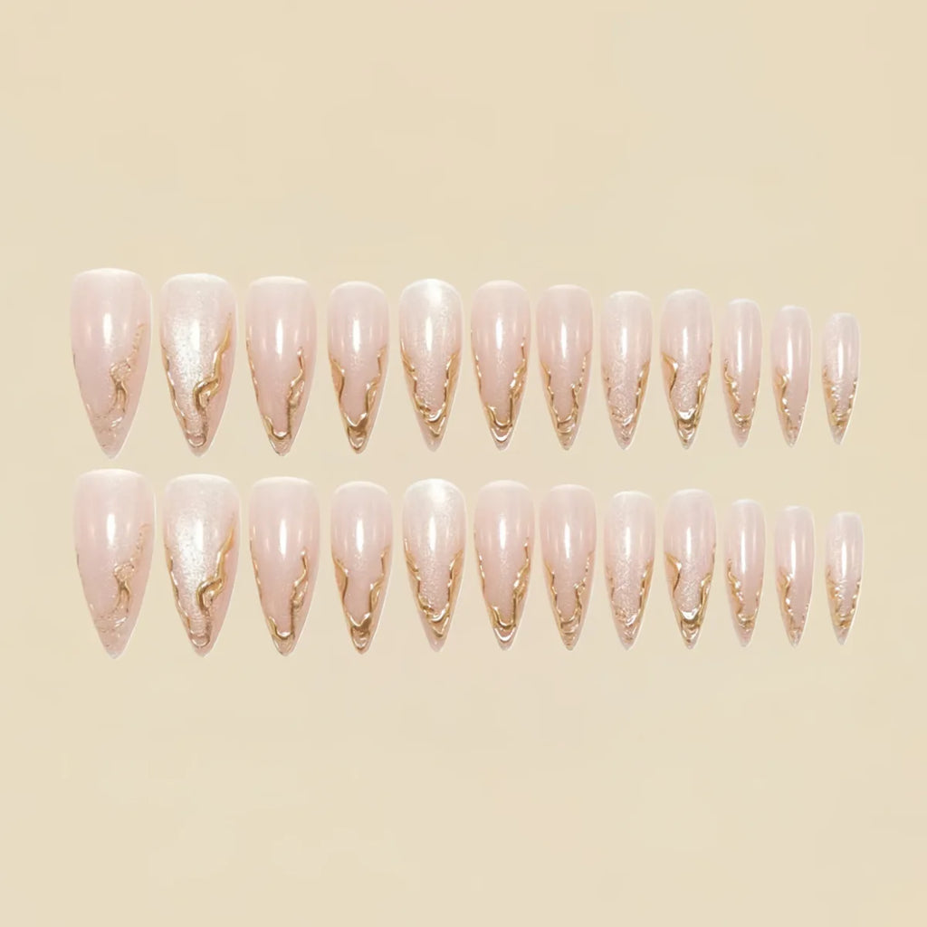 Medium long fake nails for women girls golden silver gilding frame nude french almond nail tips press on false nail art set