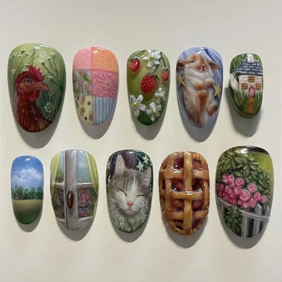 Vintage Painting Star, Moon & Swan Press-On Nails – Almond, 24 Pcs