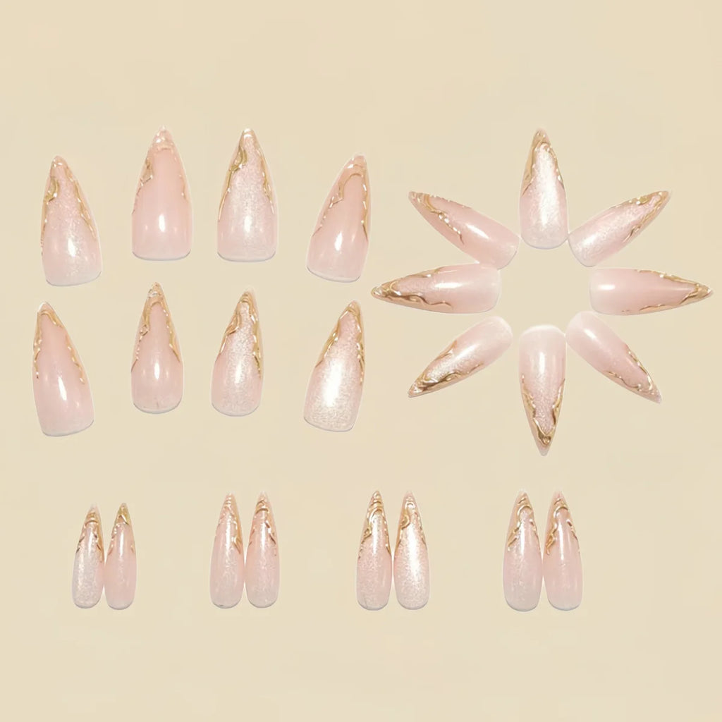 Medium long fake nails for women girls golden silver gilding frame nude french almond nail tips press on false nail art set