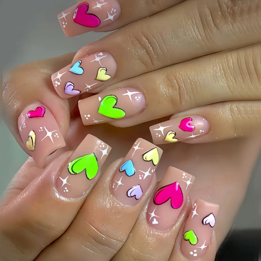 Medium fake nails for women girls y2K pink blue yellow beige cute heart Square nail tips for Valentine's Day press on false nail