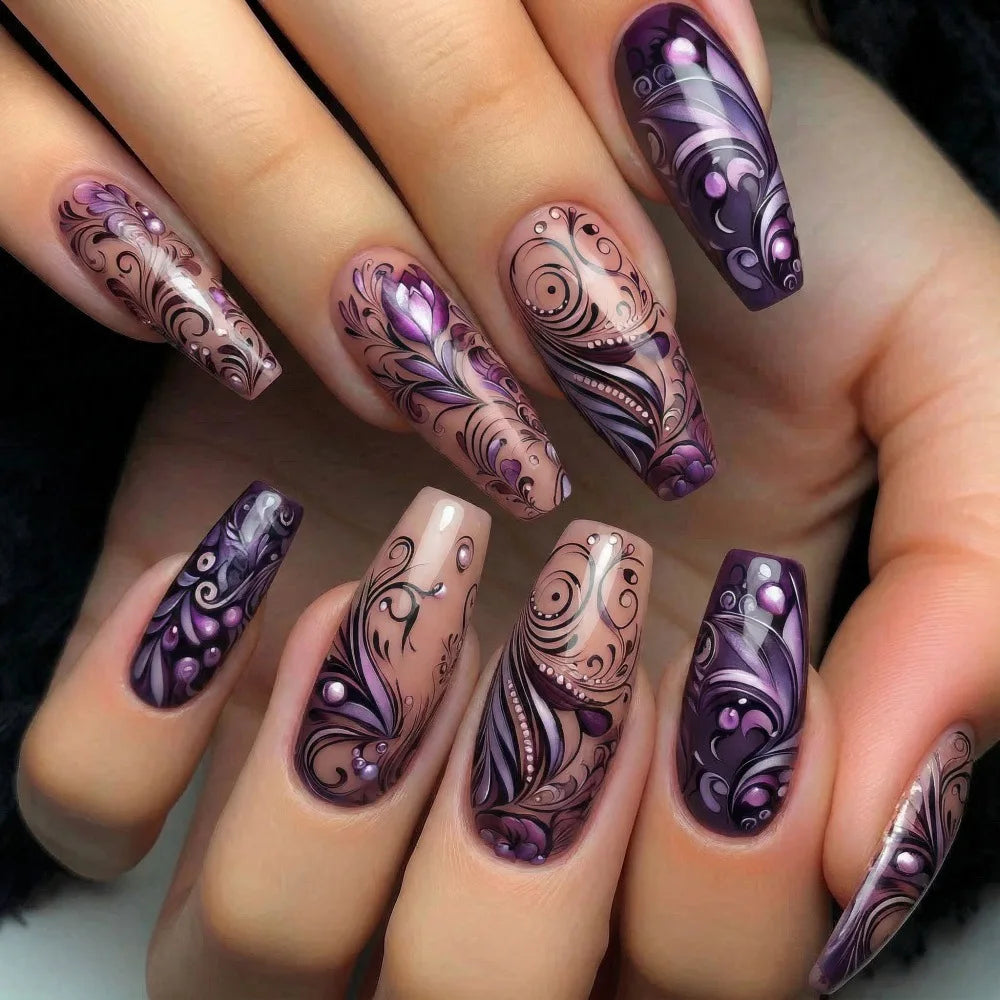 Purple & Black Floral Stripe Ballet Press-On Nails – Medium