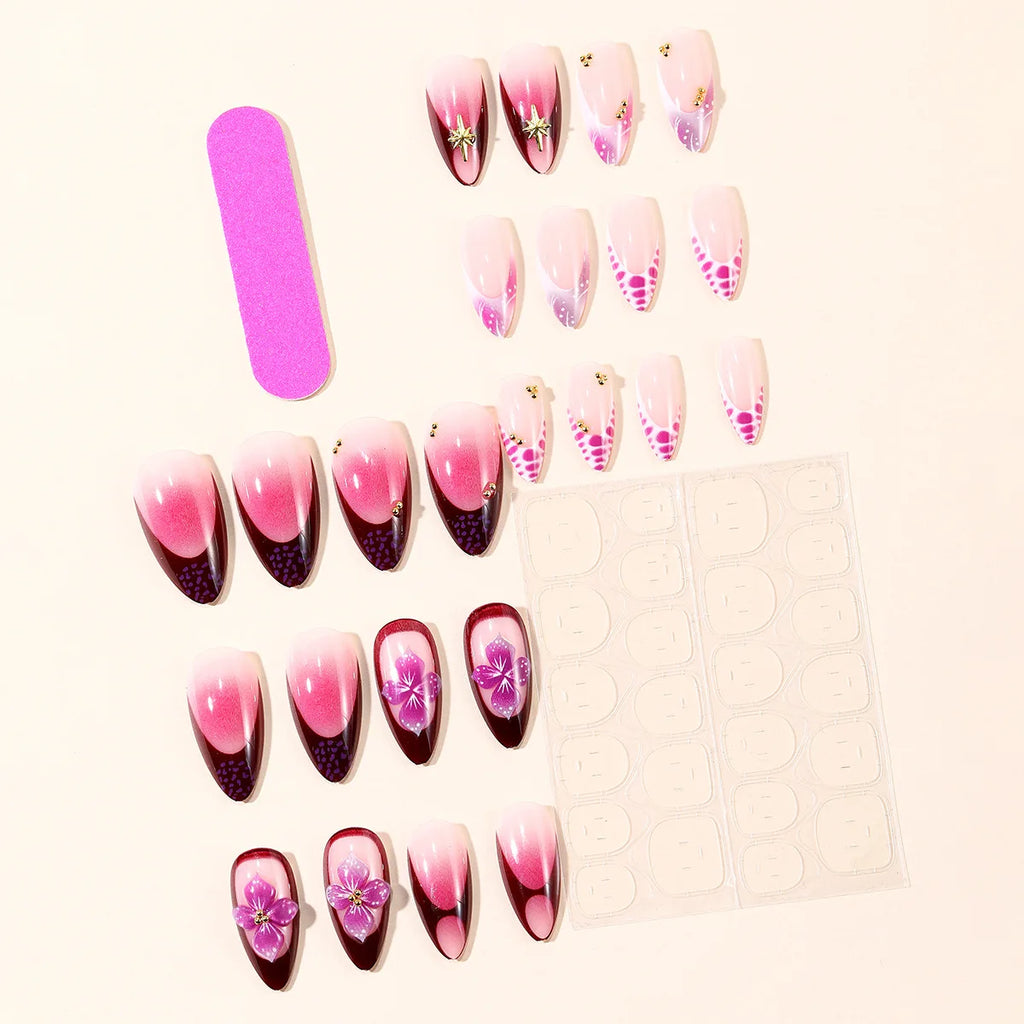 3D fake nails for women girls gradient pink red embossed flowers with golden rhinestones almond nail tips press on false nail