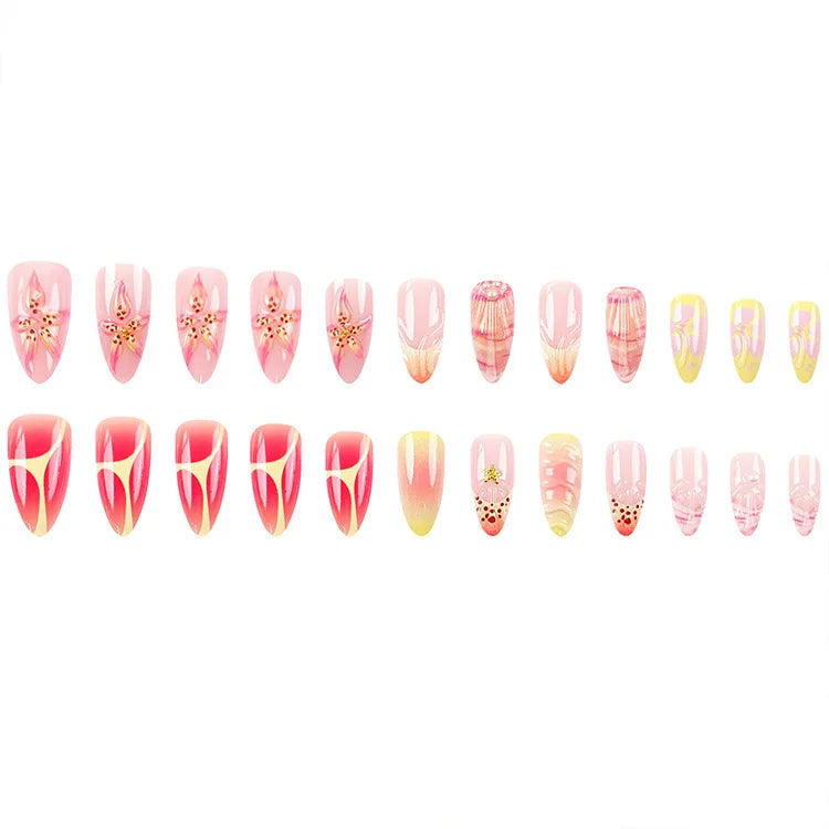 Medium long fake nails for women Gradient yellow red pink flowers shell with rhinestones design full cover presson false nail