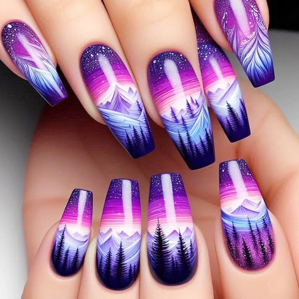 Purple Blue Starry Sky Sunset Flower Y2K Press-On Nails – Medium Long, 24 Pcs
