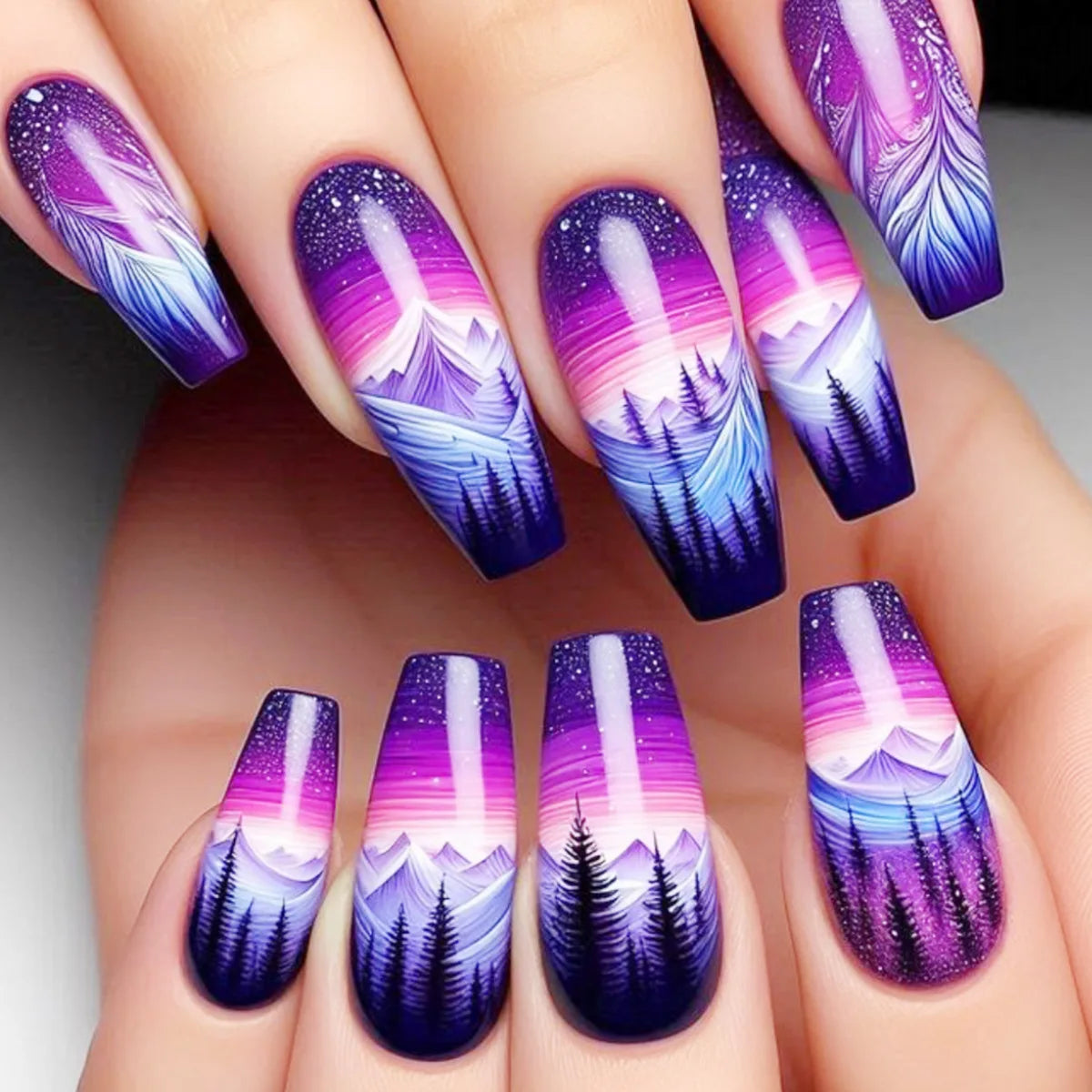 24pcs/set Medium Long Fake Nails for Summer Autumn Winter Gradient Purple Blue Starry Sky Sunset Flower Y2K Press On False Nails