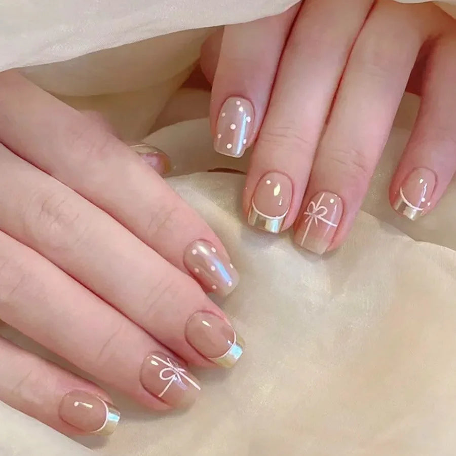 Short Square fake nails for women girls nude red colors with polka dots or cherry heart french style press on false nail art