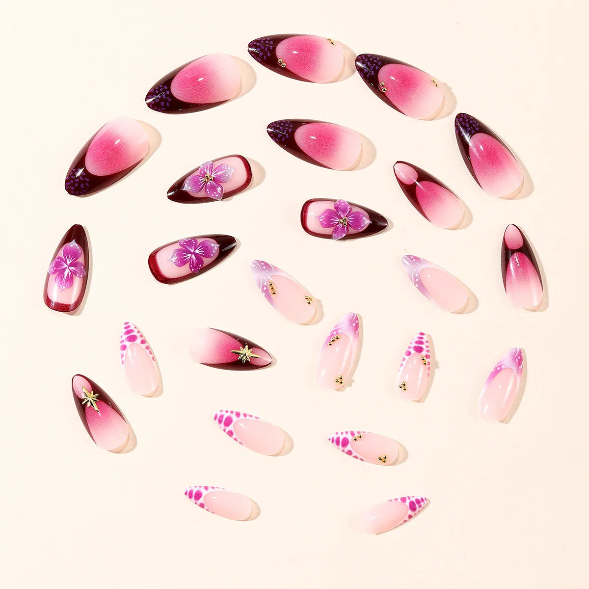 3D fake nails for women girls gradient pink red embossed flowers with golden rhinestones almond nail tips press on false nail