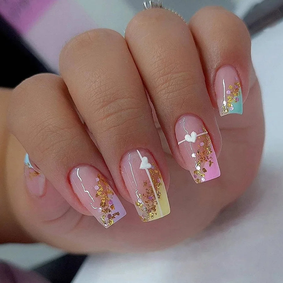 Y2K Heart Valentine's Press-On Nails – Pink Green Yellow, Medium Square