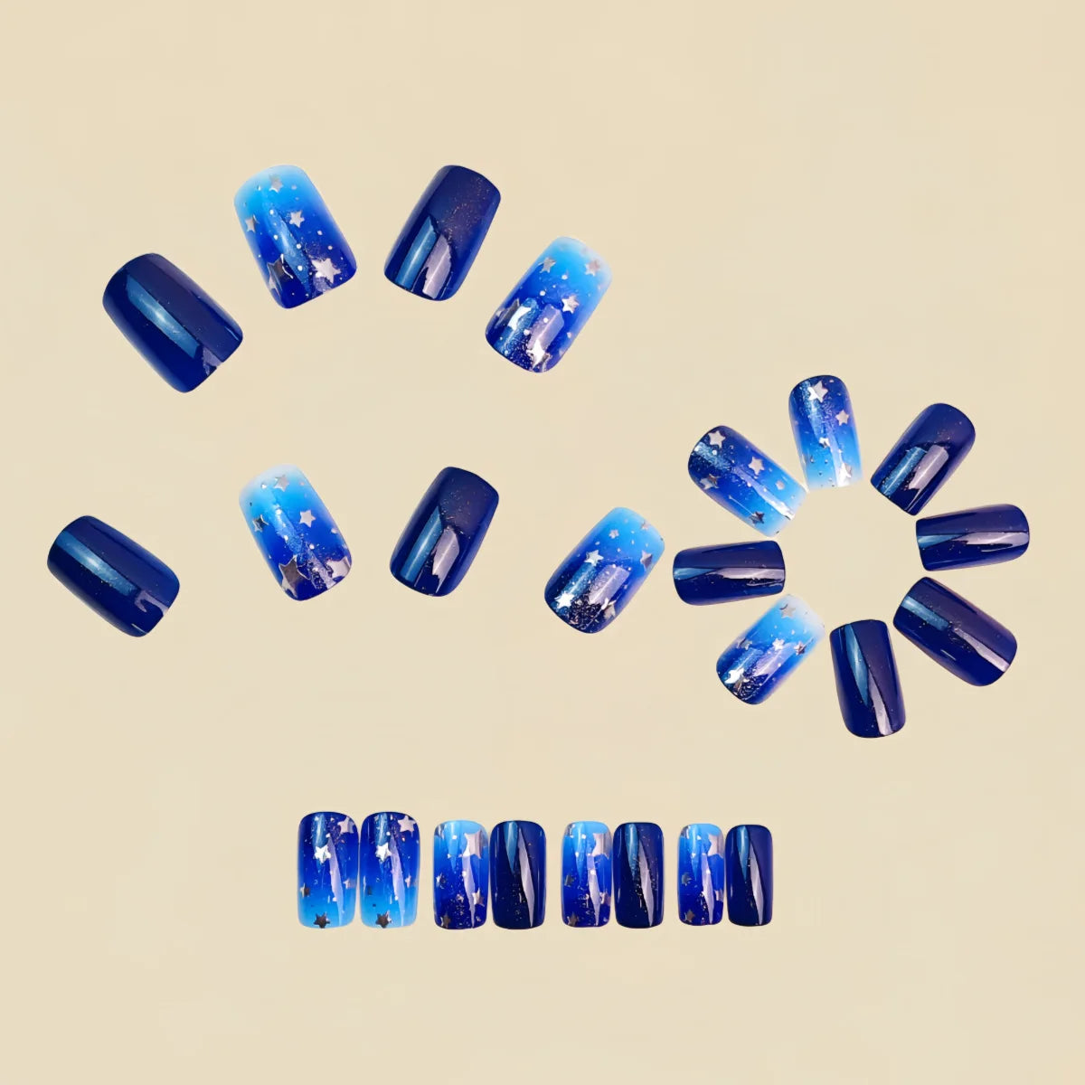 Medium fake nails for women gradient blue starry sky silver star moon full cover Square almond nail tips press on false nail art