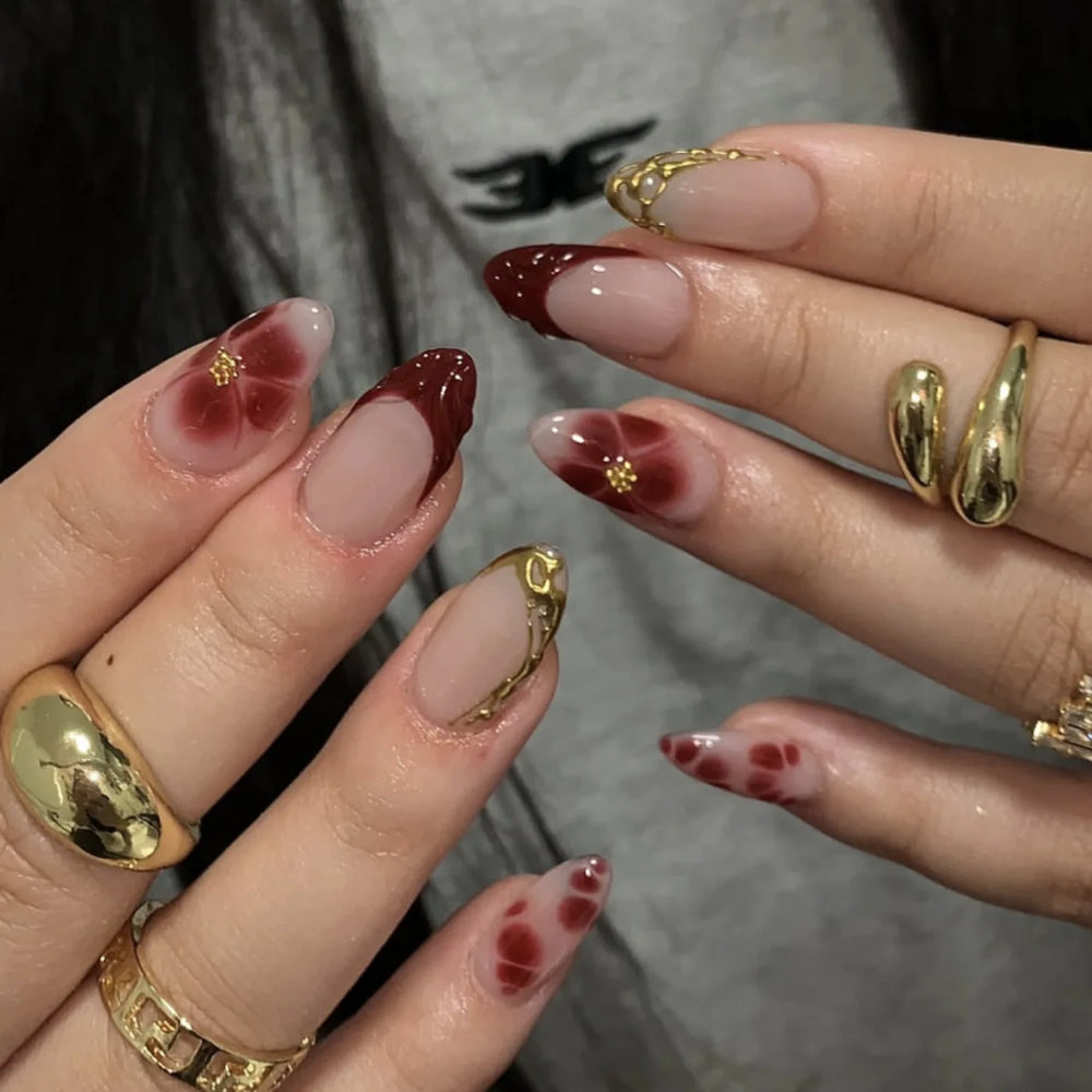 Sweet Pink Flower Gold Stripe Press-On Nails – Short Almond, 24 Pcs