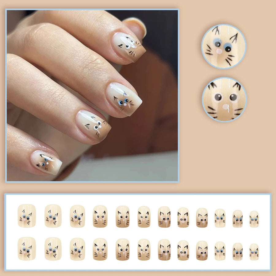 Short Medium fake nails for women gilrs nude beige gradient brown kawaii cartoon cute cat footprint almond square press on nail
