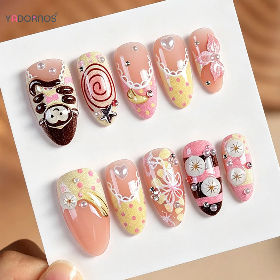 Japanese Cartoon Monkey & Flower Press-On Nails – Ballet, 30 Pcs