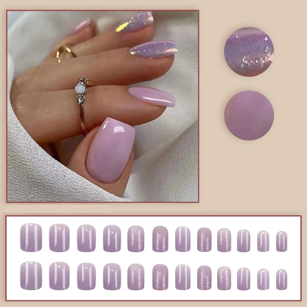 Short fake nails for women girls nude purple color with sparkling glitters in Square ballet shape full cover press on false nail
