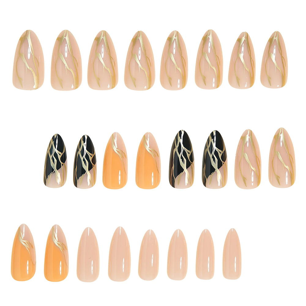 French Stripe Almond Press-On Nails – Gold White Black Yellow, Medium, 24 Pcs