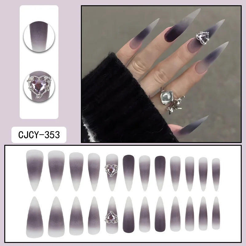 Black Ombre Gothic Metal Heart Press-On Nails – Long Stiletto, 24 Pcs