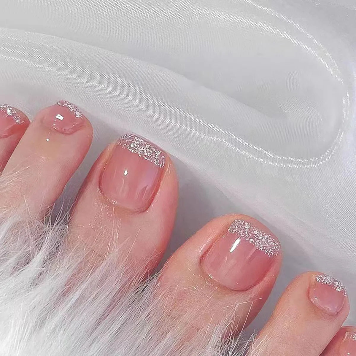 Short Square Fake Nails for Toe Purple Pink Beige Colors with Sparkling Glitters Spring Summer Season Press On False Toenail