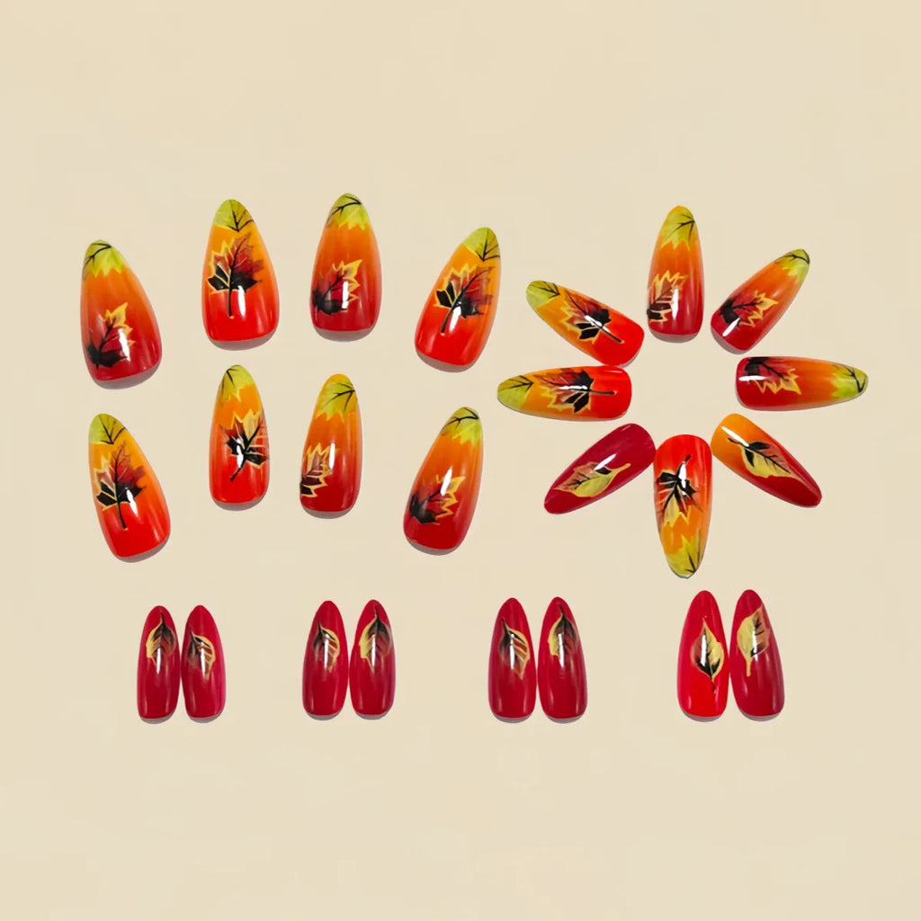 Short Medium fake nails for women girls golden silver learf flowers design gradient orange grey almond square tips press on nail