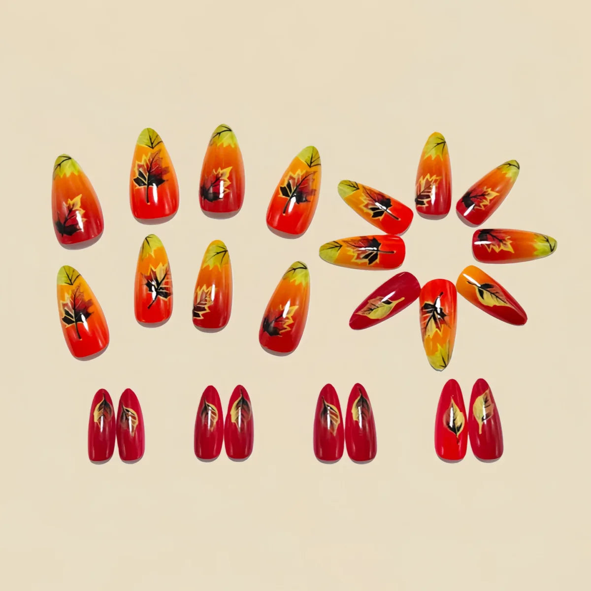 Short Medium fake nails for women girls golden silver learf flowers design gradient orange grey almond square tips press on nail