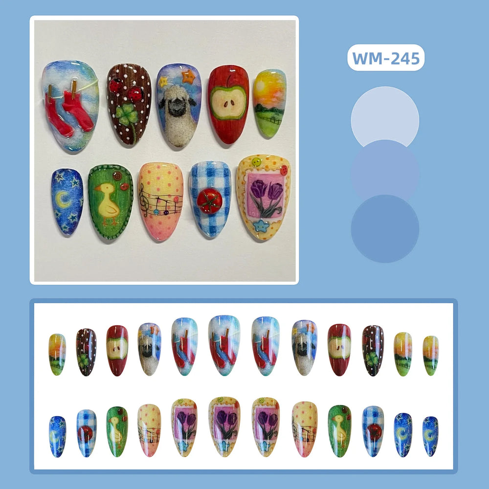 Cute Cartoon Oil Painting Press-On Nails – Almond, 24 Pcs