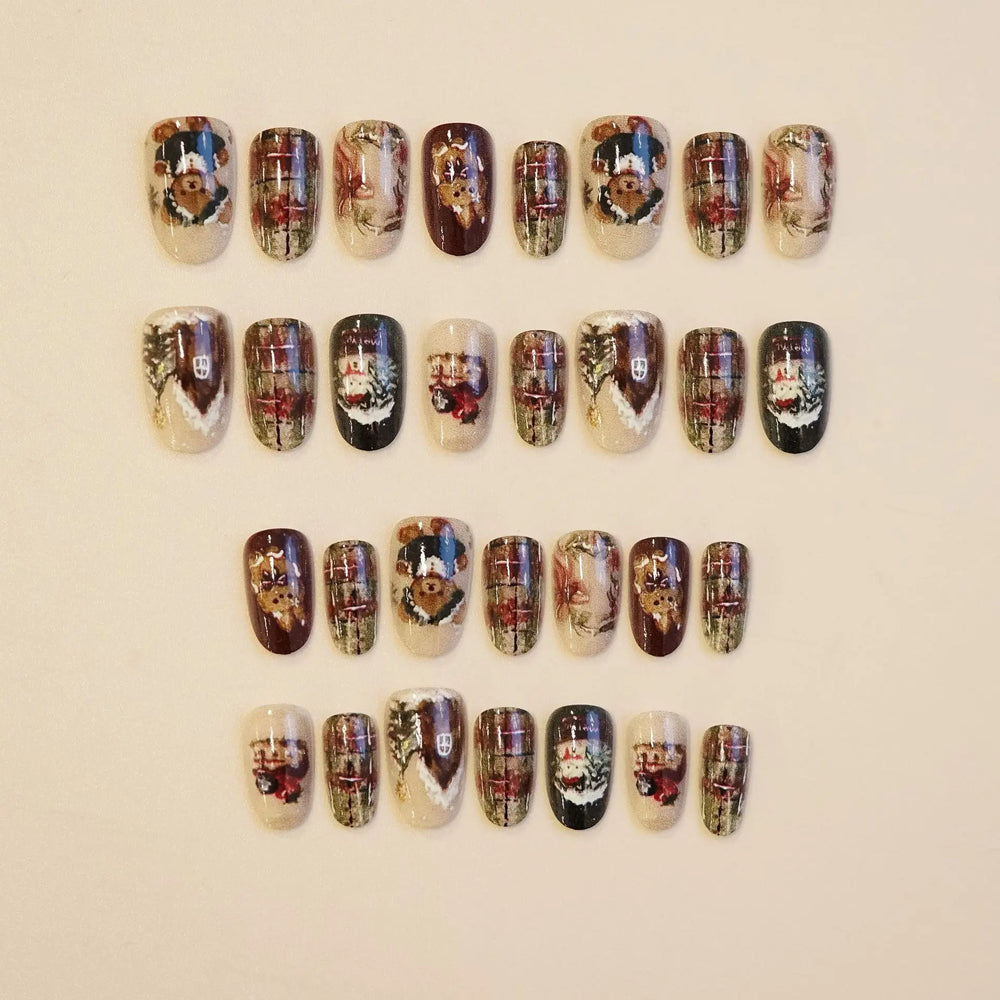 Christmas Bear & Santa Plaid Press-On Nails – Short Oval, 24 Pcs
