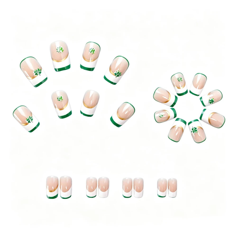 Medium fake nails nude square shape with white green edge Four-leaf clover for St. Patrick's Day press on false nail art set