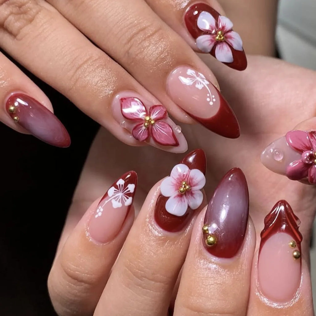 3D fake nails for women girls New Year red colors embossed flowers golden beads design french almond tips press on false nail