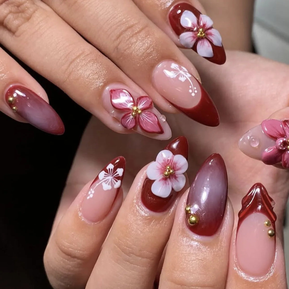 3D fake nails for women girls New Year red colors embossed flowers golden beads design french almond tips press on false nail